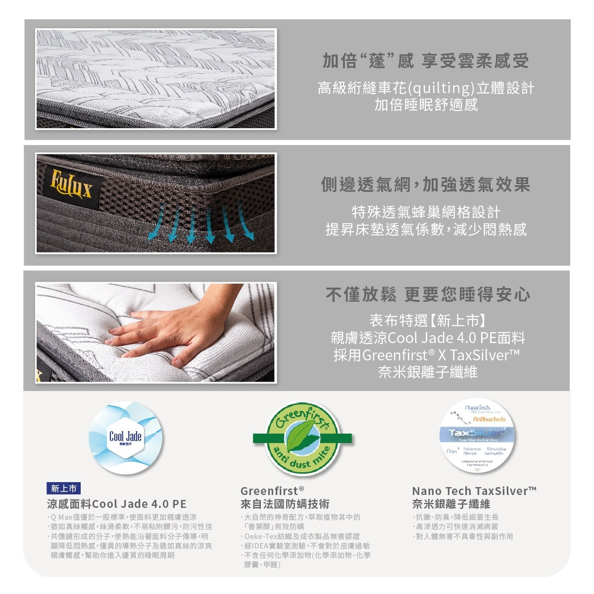 雲柔床墊防螨表布，銀離子科技，親膚透涼，不對人體有害