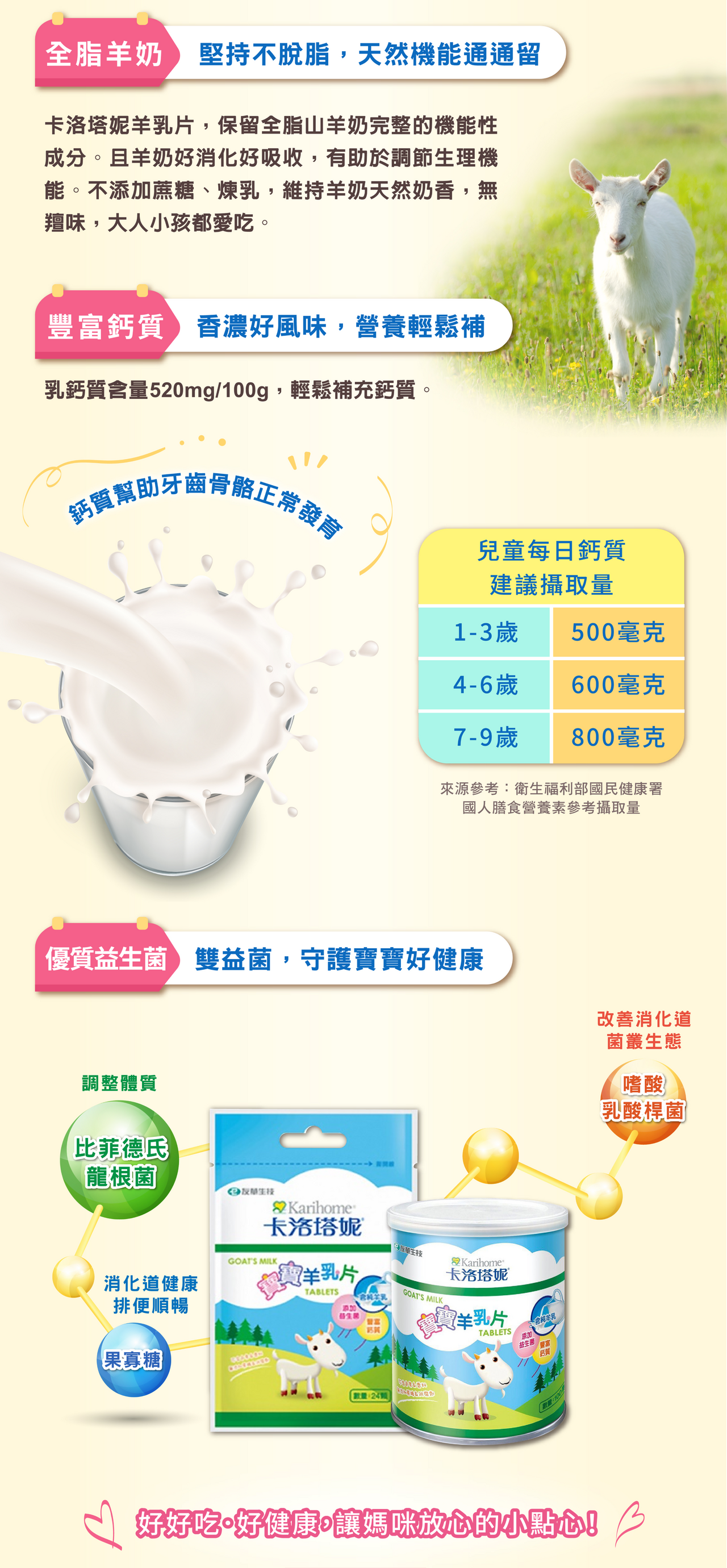 卡洛塔妮寶寶羊乳片,全脂羊奶製成,豐富鈣質及優質益生菌