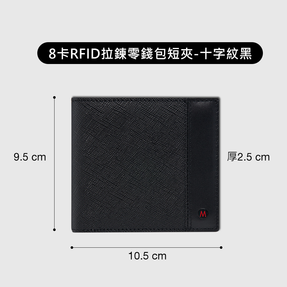 MONDAINE 瑞士國鐵8卡RFID拉鍊零錢包短夾-十字紋黑+豪華名片夾-十字紋黑(禮盒組)